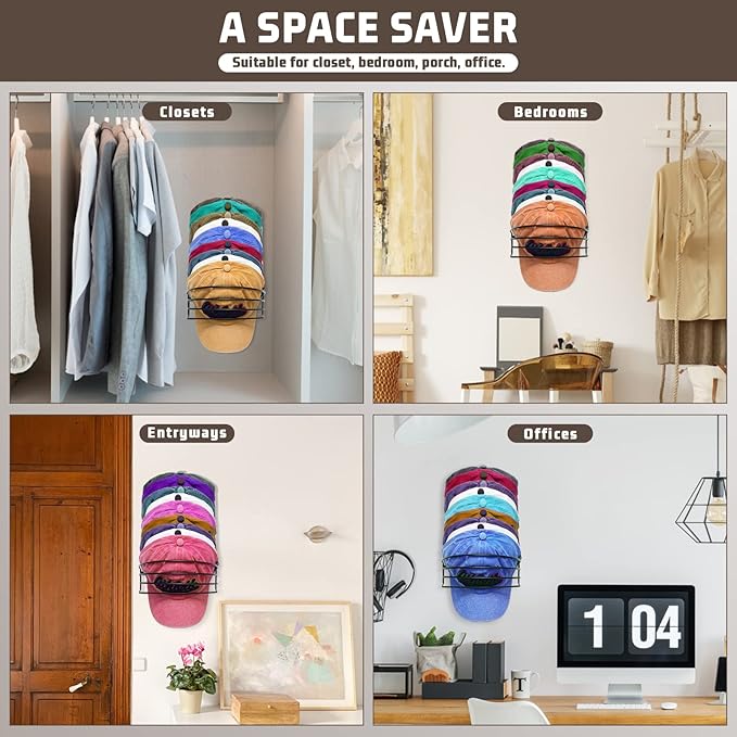 Hat Organizer for Baseball Caps, 2-Pack Black Metal Hat Rack Wall Ball Cap Storage Organizer Hold Up to 30 Caps Hat Holder for Wall Door Closet, Wall Mounted & Adhesive Installation Option
