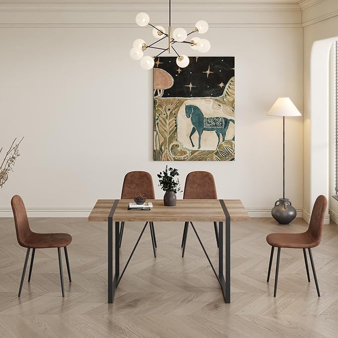 4 Chair Dining Table Set，Dinner Table Set for 4，55'' Kitchen Table and Suede Nap Fabic Chairs Set of 4, 5 Piece Dining Table Set for Kitchen Dining Room