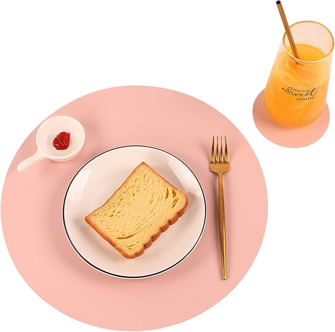 Round Table Placemats and Coasters, Vinyl Faux Leahter Coffee Mats Kitchen Mats, Waterproof, Easy to Wipe Off for Kitchen Dining Round Table