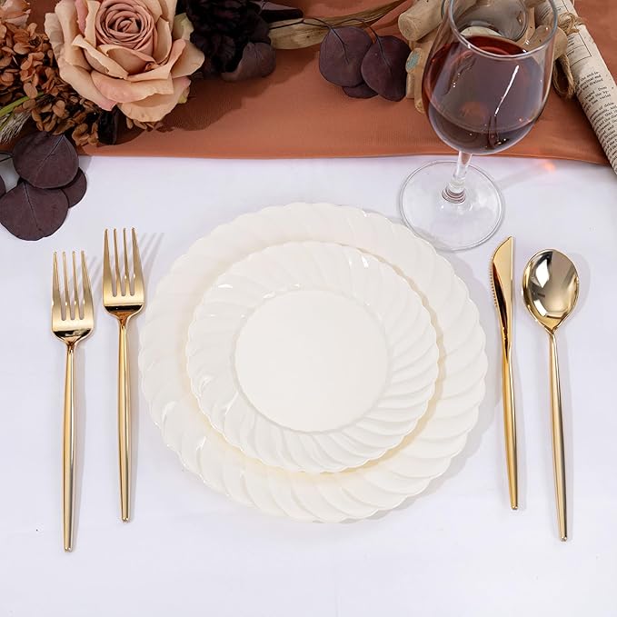 U-QE 100 Count 9 Inch Ivory Plastic Plates for Valentine's Day - Scalloped Disposable Dinner Plates - Premium Hard Fancy Disposable Heavy Duty Party Supplies for Celebrations, and Events