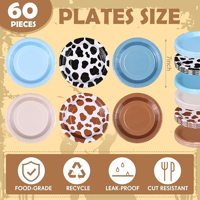 60 Pcs 7 Inch Western Cowboy Party Paper Plates Blue Brown Cartoon Plates Decorations Cow Print Disposable Dessert Dish for Western Theme Farm Birthday Baby Shower Farmhouse Party Supplies