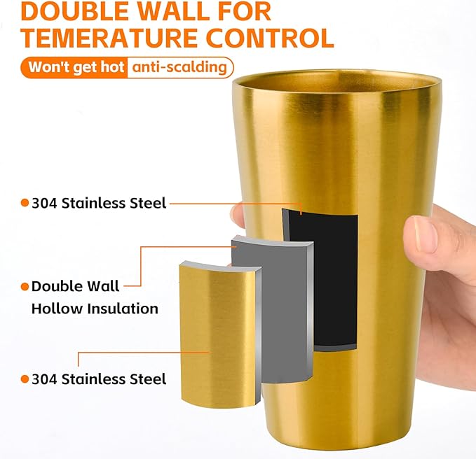 5 Pack 18.6 oz Stainless Steel Insulated Cup, Double Wall Vacuum Small Metal Cup, Reusable Camping Cups Unbreakable Indoor Outdoor for Party, Home, Office, BBQ, Gold