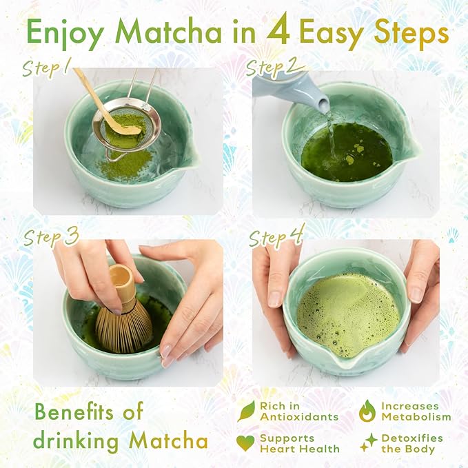 Matcha Set | Japanese Matcha Tea Set with Crystal-Glazed Ceramic Spout Bowl | Bamboo Whisk & Holder, Scoop and Stainless Sifter | 5-Piece Matcha Kit |「Crystal Shell Green」