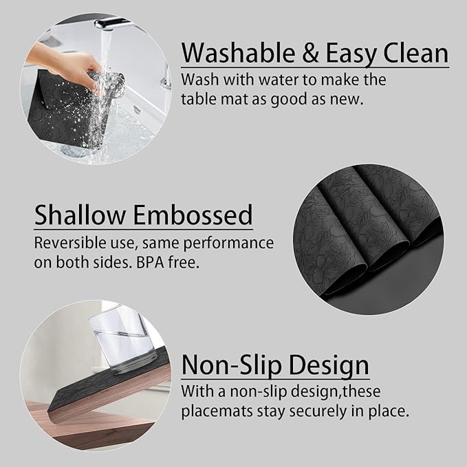 SolaraDawn Faux Leather Table Placemats Set of 6, Washable, Wipeable & Heat-Resistant Table Mats, Waterproof Dining Place Mats with Embossed Texture for Kitchen & Dining, Black, 17" × 12"
