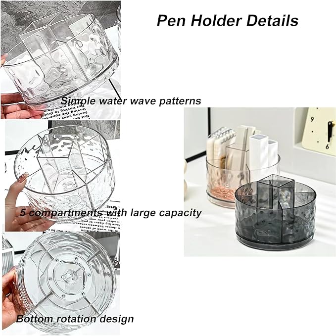 Rotating Pencil Holder, Desk Organizer with Multi-Compartment Design-Stylish, Functional Storage Solution for Home Offices, Classroom, Art Supplies Storage (Light gray ripple)