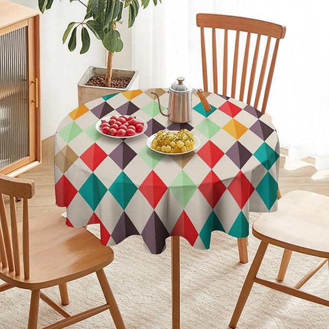 Abstract Geometric Round Tablecloth, Modern Mid Century Background Mid Century Colorful Print Pattern Tablecloth for Home Party Dining Room Kitchen Decor 60Inch(152cm)