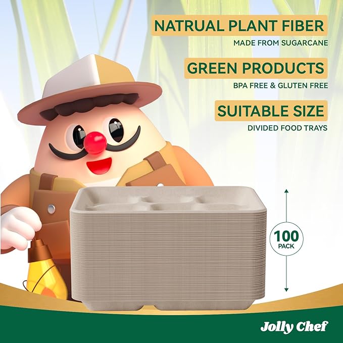JOLLY CHEF Compostable 𝟱 Compartment 𝟭𝟭 * 𝟴 𝗶𝗻𝗰𝗵 Paper Plates [𝟭𝟬𝟬 𝗣𝗮𝗰𝗸] Heavy Duty Small Natural Divided Eco-Friendly Biodegradable Food Trays for Party Lunch Dinner Christmas