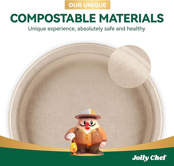 JOLLY CHEF Compostable Heavy Duty Plates 𝟭𝟬 𝗜𝗻𝗰𝗵 [𝟭𝟮𝟱 𝗣𝗮𝗰𝗸] Eco-Friendly Disposable Paper Plates Natural Bagasse Biodegradable Sugarcane Bulk for Party Hot Cold Dinner Christmas (Brown)
