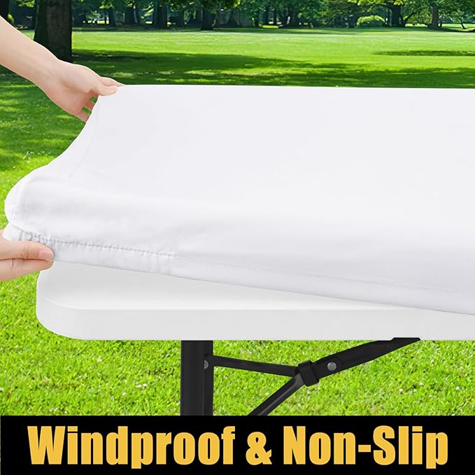 Smiry Rectangle Picnic Table Cloth, Waterproof Elastic Fitted Tablecloths for 6 Foot Tables, Washable Polyester Table Cover for Camping, Indoor and Outdoor (White, 36"x72")
