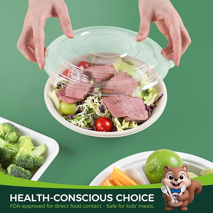 50-Pack 24oz Round Disposable Bowls with Lids - 100% Sugarcane Fiber, Paper Round Bowls for Soup, Salad, Ramen, Popcorn
