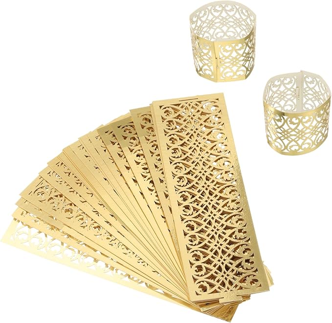 uxcell 100Pcs Napkin Rings Laser Cut Foil Paper, Napkin Holder Hollow Napkin Bands for Weddings Party Serviette Table Decoration Restaurant (One-Sided Reflective Gold Tone, 5.3 x 1.6)