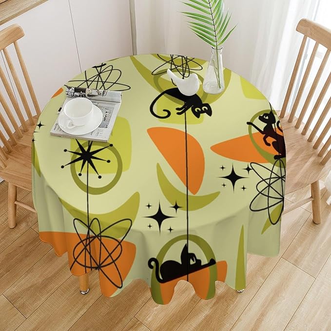 Mid Century Black Cat Round Tablecloth, Vintage Modern Bohemian Abstract Geometric Retro Art Tablecloth for Home Party Dining Room Kitchen Decor 50Inch(127cm)