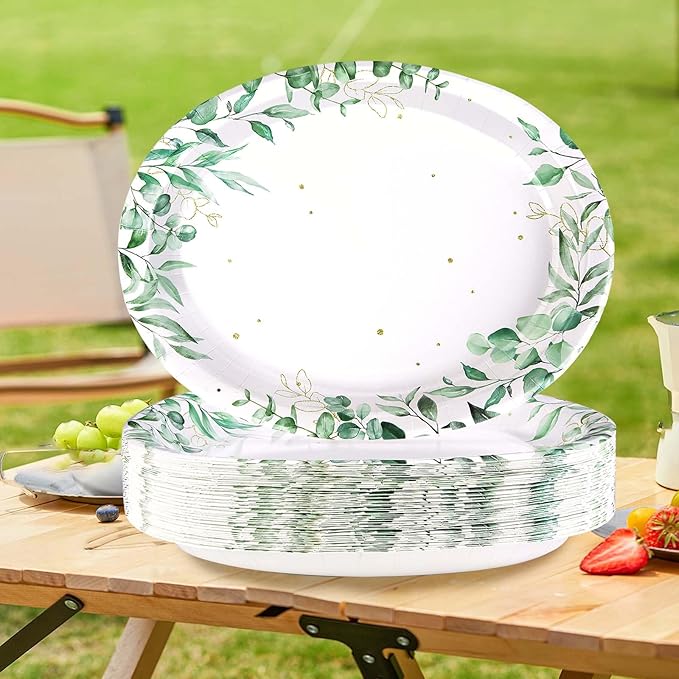 50Pcs Sage Green Oval Paper Plates 10" x 12" Large Disposable Heavy Duty Watercolor Eucalyptus Paper Platters Sage Floral Green Leaves Dessert Plates for Baby Shower Picnic Wedding Dinner Supplies