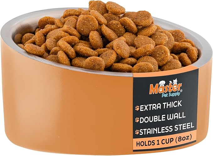 Master Pet Supply Stainless Steel Slanted Dog Cat Food Bowl - 8 oz Heavy Duty - Mango Tango, Double Wall Insulated, Non-Slip Elevated Bowl for French Bulldogs Pugs Cats, Anti Rust Dishwasher Safe
