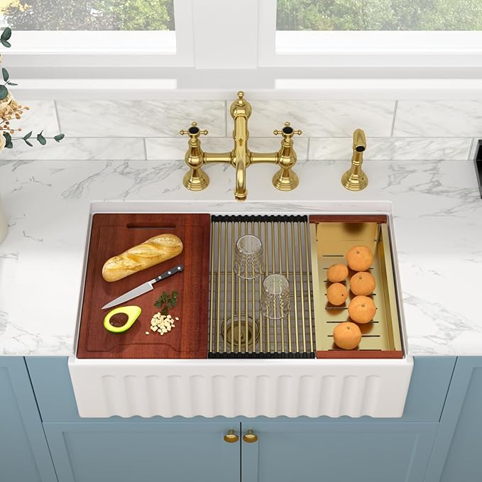 Sarlai White Farmhouse Sink - 33 Inch Farm Kitchen Sink Undermount Workstation Apron Front Reversible Ceramic Fireclay Single Bowl Farmer Sinks Basin 33 x 20 Inch With Gold Accessories