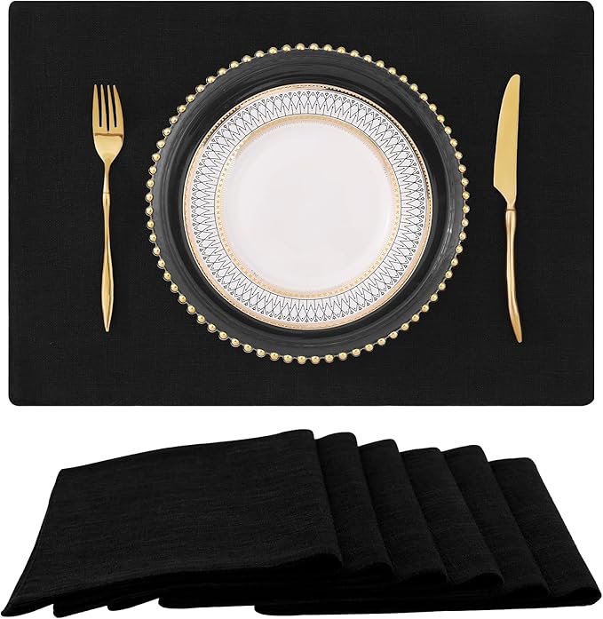 homing Cotton Linen Placemats Set of 6, Cloth Washable Farmhouse Dining Table Mats for Indoors & Outdoors, Easy to Clean, Black, 13 x 19 Inch