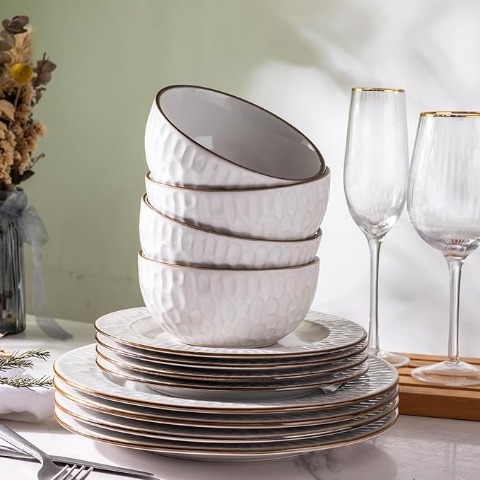 GBHOME Ceramic Dinnerware Sets,18 pcs Embossed Elegant Stoneware Plates and Bowls Sets, Housewarming Wedding Gift | Dishwasher & Microwave Safe | Dishes Set Service for 6