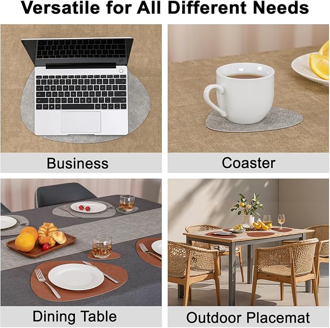 Placemats and Coasters, Washable Placemats Round Faux Leather Wipeable Place Mats Non Slip Heat Resistant Indoor Outdoor Table Mats (Set of 4, Light Gray Reddish Brown)