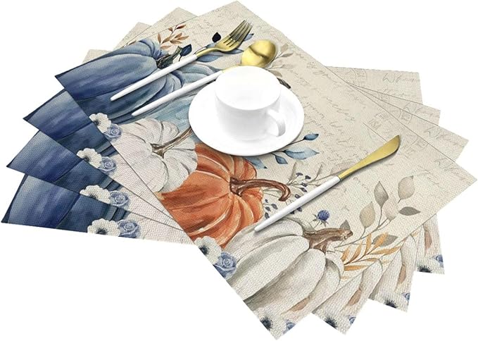 Fall Placemats 12x18 Inches Set of 4,Orange Blue Pumpkin Decorative Rectangle Autumn Thanksgiving Pumpkin Table Mats for Party, Home Kitchen,Dining Table Decoration