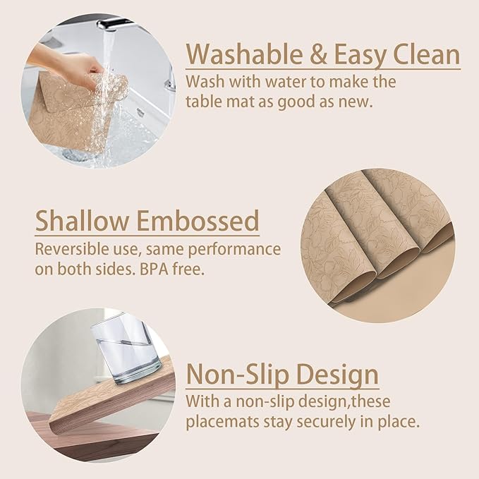 SolaraDawn Faux Leather Table Placemats Set of 6, Washable, Wipeable & Heat-Resistant Table Mats, Waterproof Dining Place Mats with Embossed Texture for Kitchen & Dining, Beige, 17" × 12"