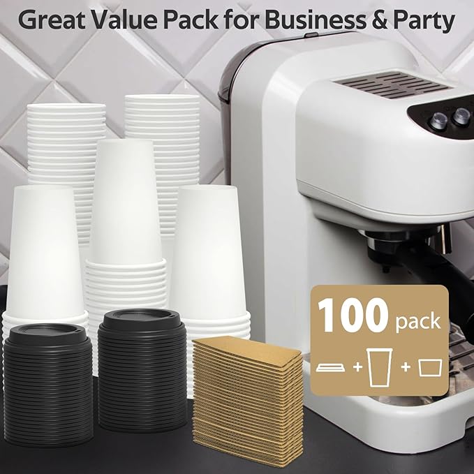 100 Pack 16 oz Disposable Coffee Cups with Lids and Sleeves, Sturdy Thick Paper & Leak-free Insulated to Go Paper Hot Coffee Cups with Sip Lids for Hot & Cold Beverage