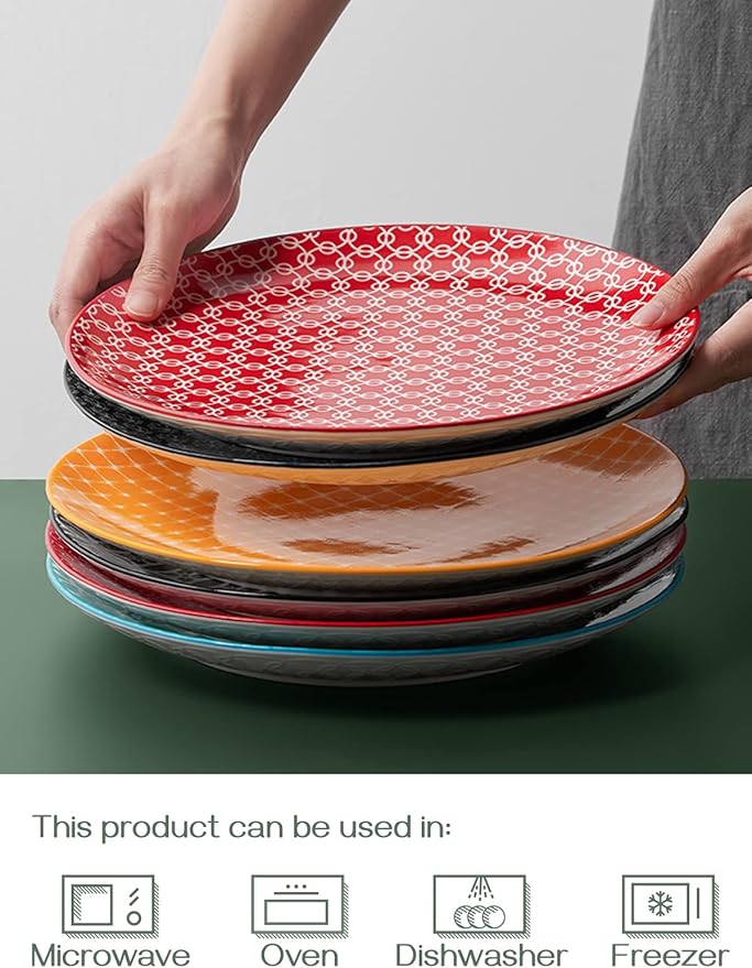 DOWAN 10" Colorful Dinner Plates Set of 6, Ceramic Dessert Plates Set for Salad, Pasta, Steak - Appetizer Plates, Dining Serving Plates for Parties, Restaurant - Dishwasher & Microwave Safe - Gifts