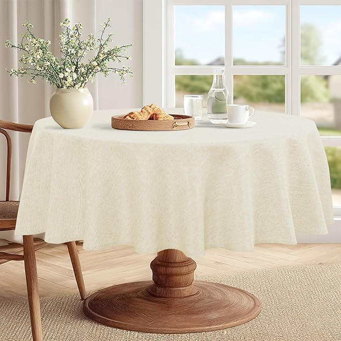 JIUZHEN Round Table Cloth Faux Linen Farmhouse Tablecloth Wrinkle and Stain Resistant Decorative Fabric Table Cover for Kitchen, Dining Room, Parties and Camping, Champagne, 60 Inch Round