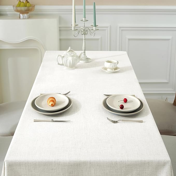 JIALE Textured Tablecloths, Heavy Duty Cotton Linen Farmhouse Table Cloth Rectangle Table, Waterproof Wrinkle-Free Rectangle Tablecloth for Kitchen, Dining, Parties, 55"x75", Ivory