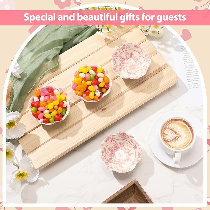 24 Pcs Wedding Favors for Guests Small Ceramic Bowl Bulk Gifts Set 3.3 Inch Floral Design Mini Dipping Sauce Dish with Card Box for Bridal Pooja Baby Shower Birthday Guest Gift (Pink)