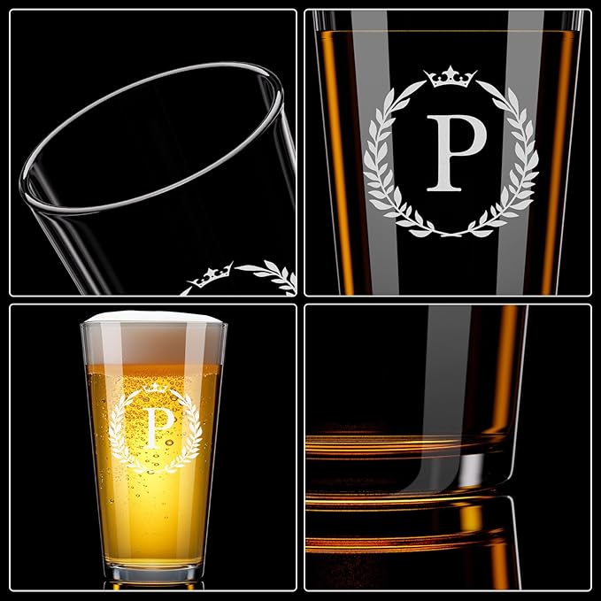 Personalized Beer Glasses Gifts for Men, 16 oz Pint Glasses Monogrammed A-Z Drinking Glass Cups Customized Gift, Unique Christmas Anniversary Birthday Gifts for Men Him Dad Brother Husband Grandpa (P)