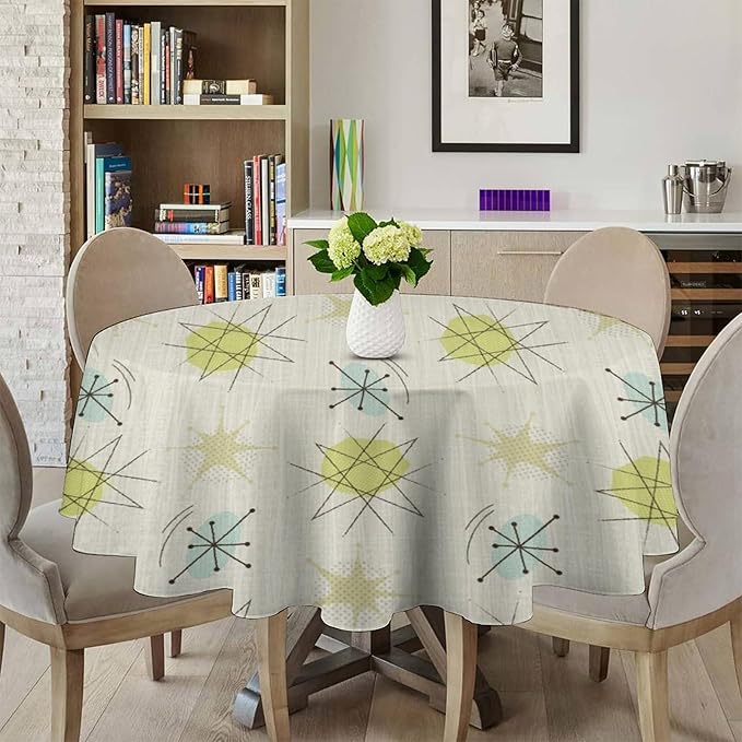 Mid Century Retro Round Tablecloth, Modern 1950s Style Abstract Geometric Vintage Print Tablecloth for Home Party Dining Room Kitchen Decor 70Inch(178cm)