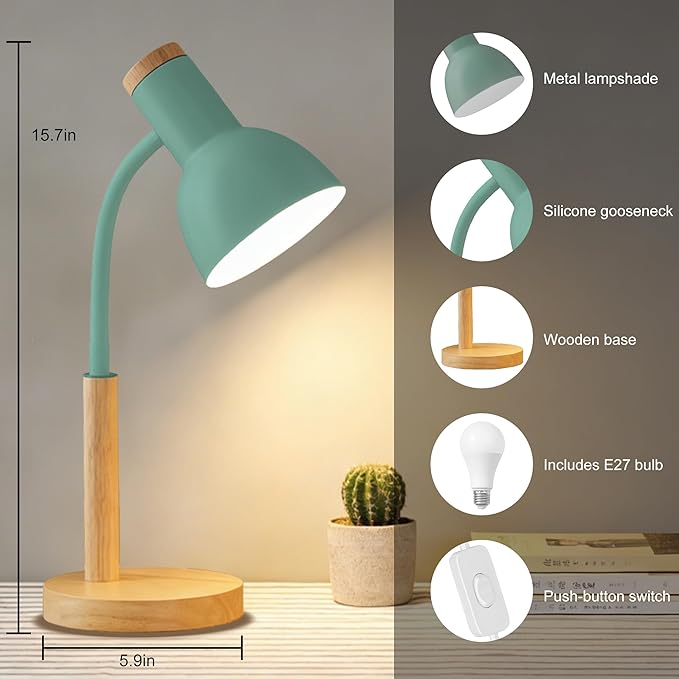 WLHONG LED Desk Lamp, Modern Table Lamps 3 Color Modes, Eye-Caring Reading Light, Desk Light with Adjustable Flexible Gooseneck, Study Lamp for Kids Audlt Bedside Dorm Room Essentials (Green)
