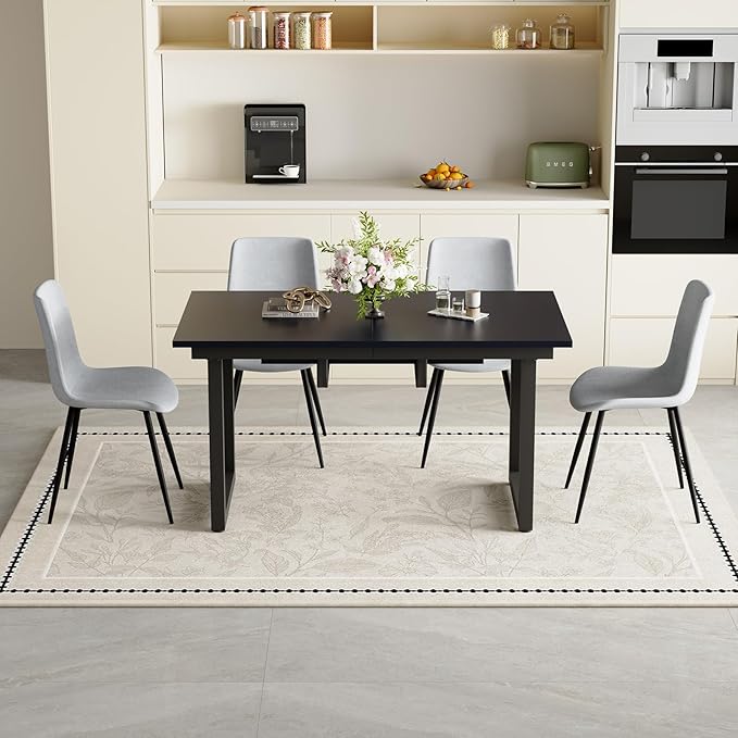 Extendable Dining Table Set for 4, 55"–71" Modern Black Kitchen Table with 4 Upholstered Chairs, Space-Saving for Living Room Apartment, Sturdy & Comfortable, Easy Assembly