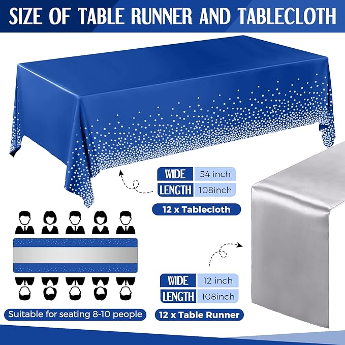 Breling 24 Packs Navy Blue and Silver Disposable Plastic Tablecloths and Satin Table Runner Set, 54 x 108 Inch Tablecloth, 12 x 108 Inch Table Runners for Wedding Graduation Birthday Baby Shower