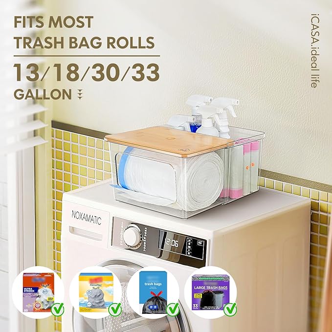 Trash Bag Dispenser Holder, 2-in-1 Under Sink Organizer with Clear Acrylic Box & Bamboo Lid, Holds Large Rolls up to 100 Count, Garbage Bags Storage Container for Kitchen, Pantry, Laundry Room