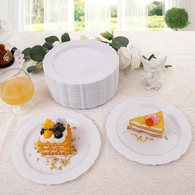 DaYammi 60PCS White Plastic Plates, Heavy Duty White Disposable Premium 7.5inch Dessert Cake Salad Appetizer Plates Hard Plastic Platos Disposable for Party Wedding
