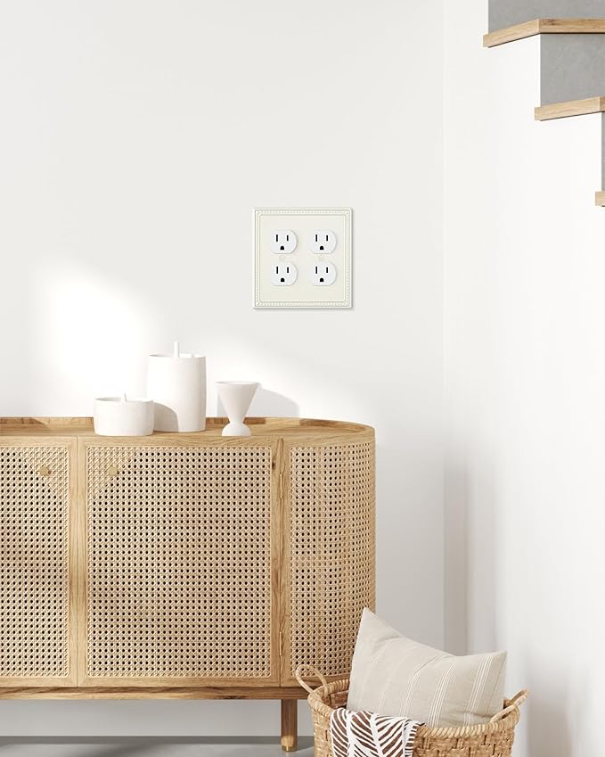 2-Pack Double Duplex Outlet Cover, Metal Switch Plates and Outlet Covers, Light Almond Pearls Decorative Wall Plates for Electrical Outlets, 2 Gang Receptacle Cover, Corrosion Resistant