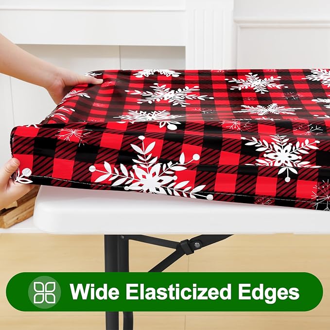 Smiry Plastic Christmas Tablecloth, Buffalo Plaid Waterproof Elastic Fitted Table Covers, Wipeable Flannel Backed Vinyl Tablecloths for Dinner, and New Year Celebration (Black & Red, 30x72 Inches)