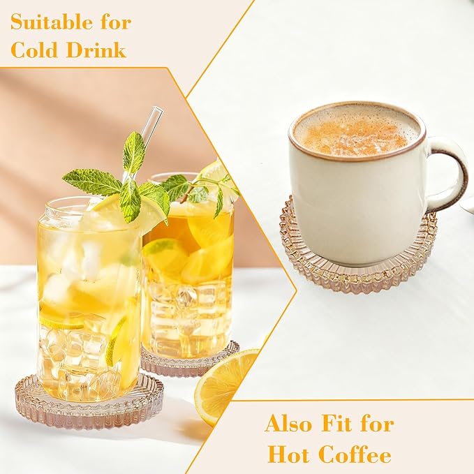 Glass Coasters Set of 4 for Drinks, Round Modern Set with Raised Edge Lip, Decorative & Aesthetic for Dining Table, Living Room, Office Desk