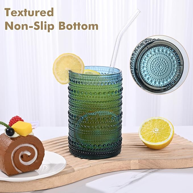 Vintage Hobnail Drinking Glasses Set of 8,Blue 12 oz & 15oz Highball Glass Cups,Kitchen Drinkware Glassware,Embossed Water Tumbler,for Beer,Cocktail,Whiskey,Juice and Various Mixed Drinks