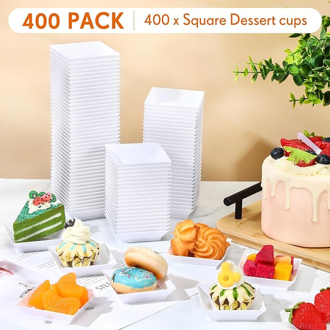 400 Pieces Mini Square Dessert Plates 2.5 x 2.5 Inch Disposable Appetizer Plates Small Clear Plastic Dish for Dessert Salad Appetizer Sauces Tastings Cake Wedding Party Serving (White)