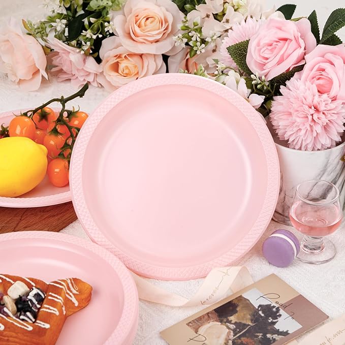 WELLIFE Pink Plastic Plates 9 Inch -150 Count for Party, Disposable Plastic Party Plates for Valentine's Day Easter Mother's Day Baby Shower Dinner Dessert Cake Light Pink