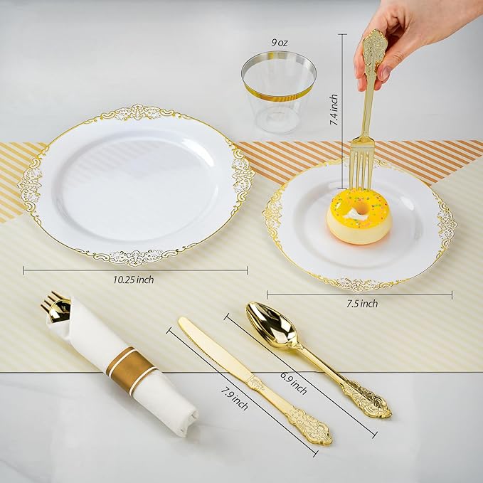 175PCS Gold Plastic Plates for 25 Guests, Disposable Dinnerware Sets Include 50 Gold Rim Plastic Plates, 25 Silverwares, 25 Cups, and 25 Pre Rolled Napkins for Party, Wedding and Graduation