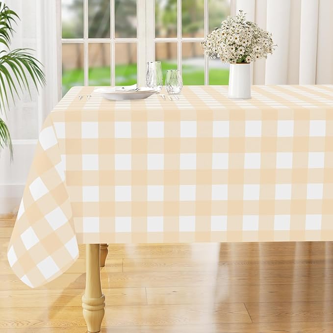 misaya Rectangle Waterproof Vinyl Table Cloth, Buffalo Flannel Backed Tablecloth, Wipeable Plastic Table Cover for Dinner, Kitchen, Outdoor (60" x 84", Beige and White)