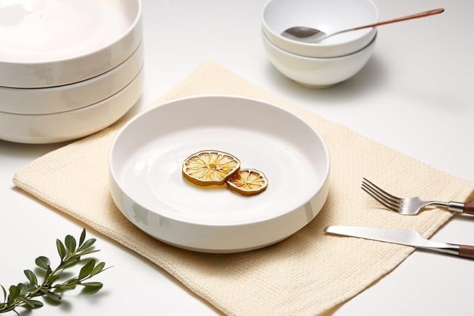 KooK Pasta Bowl, Bowl Plate, Low Bowl, Plate Bowls, Ceramic Large Shallow Bowls, Microwave and Dishwasher Safe, Great for Soups and Salads, Glossy Porcelain, 47 oz, Set of 4, White