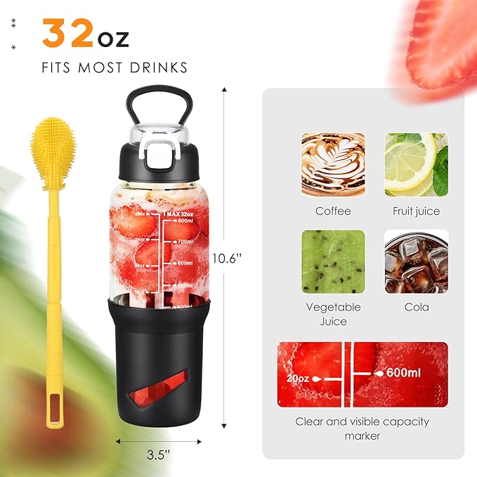 SIEROZUR 32 oz Glass Tumbler with Straw, Glass Water Bottles with 2 Lids-Handle Spout Lid & Straw Lid, 1 Liter Motivational Water Bottles, Silicone Sleeve, Fits Car Cup Holder,Black