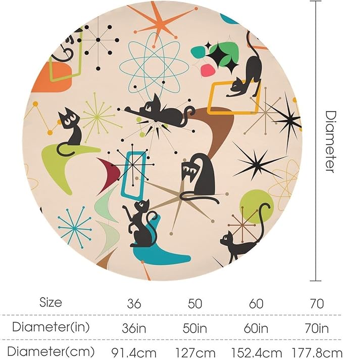 Mid Century Black Cat Round Tablecloth, Bohemian Modern Colorful Abstract Geometric Retro Art Bohemian Tablecloth for Home Party Dining Room Kitchen Decor 36Inch(90cm)