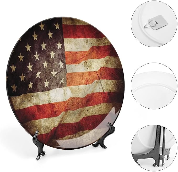 Decorative Plates, American Flag Print Ornament, Grunge Look Patriotic, 10 Inch, 1 Plate with 1 Display Stand, Multicolor