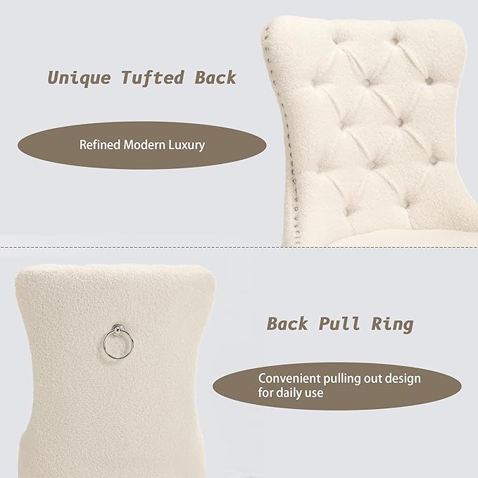 KCC Boucle Dining Chairs Set of 4, Upholstered High-end Tufted Dining Room Chair with Nailhead Back Ring Pull Trim Solid Wood Legs, Contemporary Nikki Collection Modern Style for Kitchen, Cream
