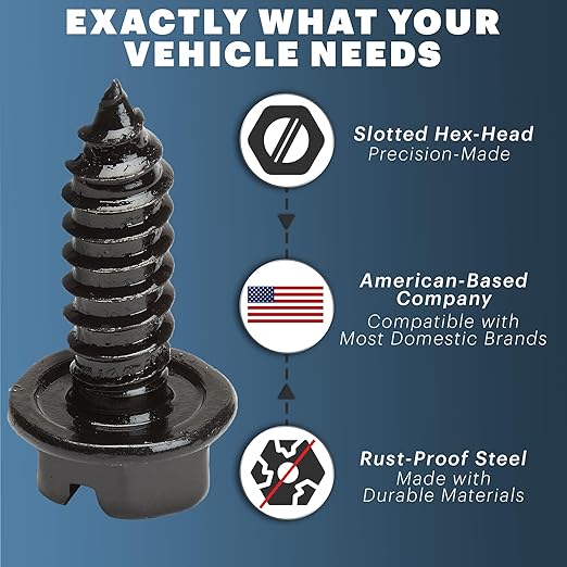 Black License Plate Screws Kit - Set of 8 Fasteners For Front and Back License Plates and License Plate Frames or Covers on Domestic Cars, Trucks, SUVs - Rustproof, Self Tapping Mounting Bolts (Black)